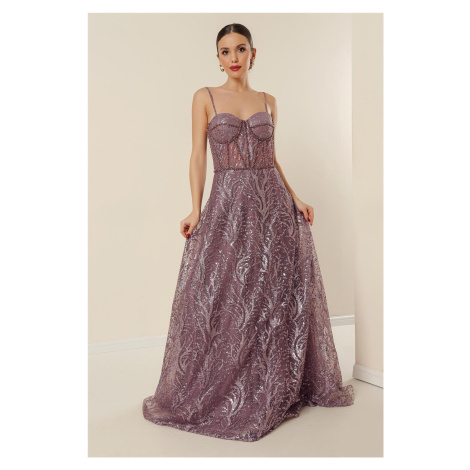 Autor: Saygı Flitre a trblietavé poddrôtené dlhé šaty s korálkovými detailmi, podšívaná fialová