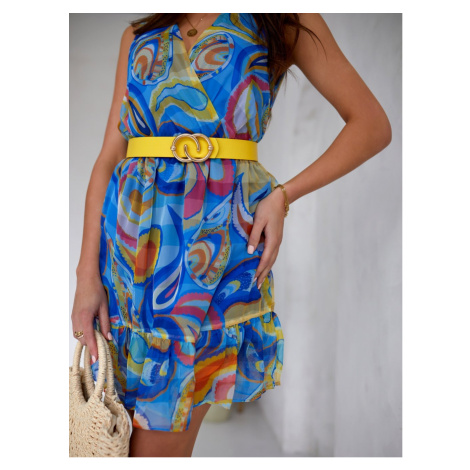 Bright, patterned dress with belt in dark blue-yellow color FASARDI