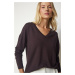 Happiness İstanbul Women's Dark Brown V-Neck Knitwear Blouse