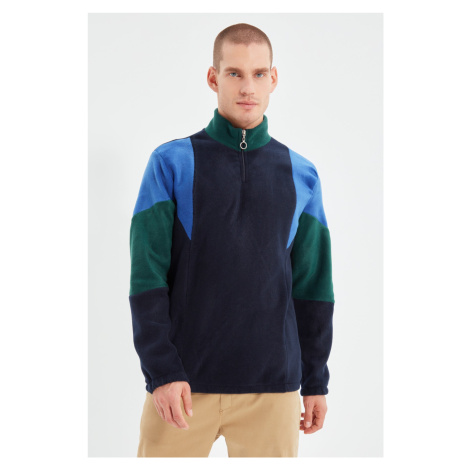 Trendyol Navy Blue Men's Regular/Normal Cut Zippered Stand Collar Color Block Fleece Sweatshirt