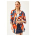 Olalook Women's Orange Blue Palm Guipure Detailed Viscose Kimono