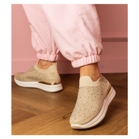 marka niezdefiniowana Beige women&#039;s platform sneakers with rhinestones Luizet