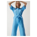 Happiness İstanbul Women's Blue Premium Belted Muslin Jumpsuit