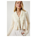 Happiness İstanbul Women's Cream Fur Collar Soft Textured Knitwear Cardigan