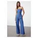 Trendyol Indigo Cargo Pocket Strapless Collar Maxi Woven Jumpsuit