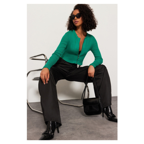 Trendyol Green Crop Zipper 100% Cotton Basic Knitwear Cardigan