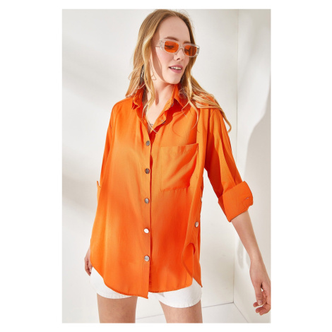 Olalook Women's Orange Button Detailed Oversize Woven Shirt