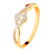 Zlatý prsteň 585 - prepletené rozdvojené ramená, číry zirkónový kvietok - Veľkosť: 56 mm