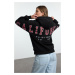 Trendyol Black Slogan Printed Oversize/Wide Fit Thick Inside Fleece Knitted Sweatshirt