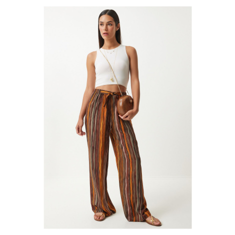 Happiness İstanbul Women's Brown Patterned Flowing Viscose Palazzo Trousers