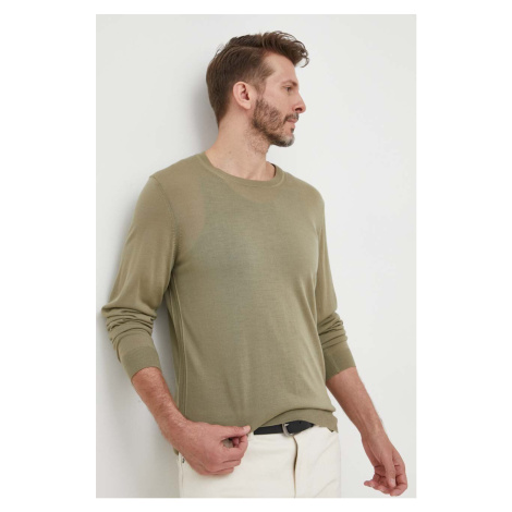 Vlnený sveter BOSS pánsky,zelená farba,tenký,50468239 Hugo Boss