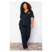 Trendyol Curve Navy Embroidered Shirt Collar Knitted Pajamas Set