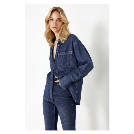 Trendyol Dark Blue More Sustainable Lyocell Oversize Denim Shirt