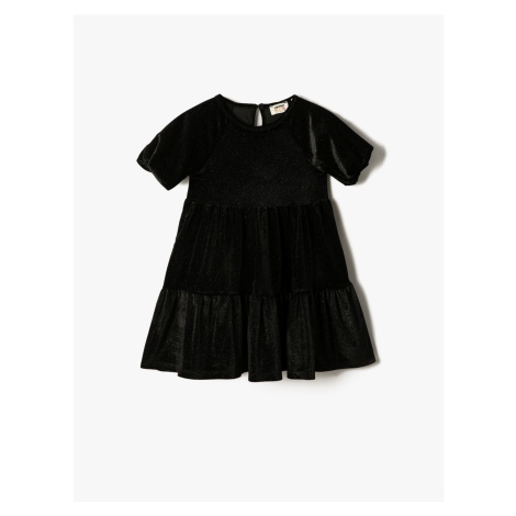 Koton Velvet Lurex Dress Short Balloon Sleeve Tiered Round Neck