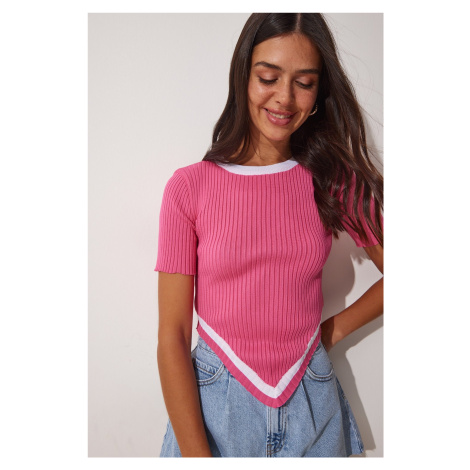 Happiness İstanbul Women's Pink Asymmetrical Cut Crop Knitwear Blouse
