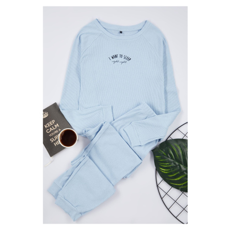 Trendyol Blue Cotton Slogan Embroidered Ribbed Knitted Pajama Set