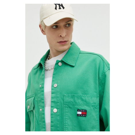 Rifľová bunda Tommy Jeans pánska, zelená farba, prechodná Tommy Hilfiger