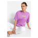 Trendyol Lilac 100% Cotton Slogan Printed Relaxed/Comfortable Fit Crew Neck Knitted T-Shirt