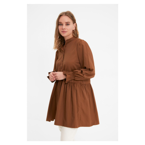 Trendyol Brown Stand Up Collar Sleeve Detailed Ruffle Tunic