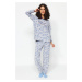 Trendyol Gray Fleece Cloud and Heart Patterned Tshirt-Pants Knitted Pajamas Set