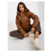 Light brown down jacket made of artificial leather with hood