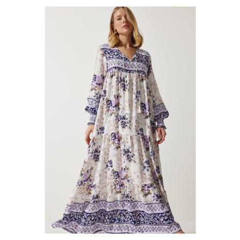 Happiness İstanbul Women's Lilac Patterned Oversize Long Viscose Dress