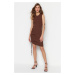 Trendyol Brown Crew Neck Fitted, Shirring Detailed Ribbed Flexible Mini Knitting Dress