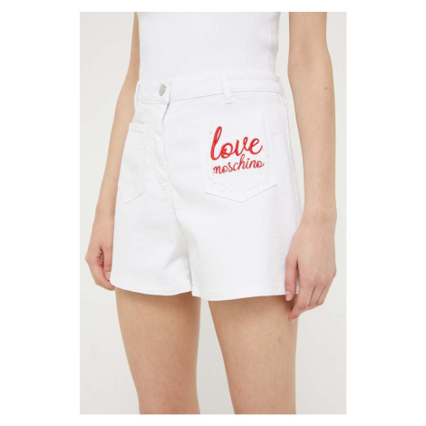 Rifľové krátke nohavice Love Moschino dámske, biela farba, s nášivkou, vysoký pás