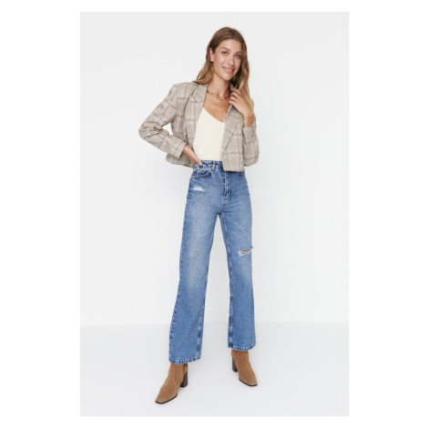 Trendyol Blue Ripped Detailed High Waist Long Straight Jeans