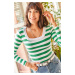 Olalook Women's Grass Green U-Neck Striped Lycra Blouse