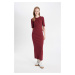 DEFACTO Bodycon Fitted Crew Neck Basic Plain Ribbed Camisole Short Sleeve Maxi Burgundy Dress