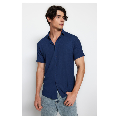 Trendyol Navy Blue Regular Fit Short Sleeve Summer Textured Knitted Shirt