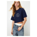 Trendyol Navy Blue 100% Cotton Embroidered Crop Crew Neck Knitted T-Shirt