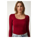 Happiness İstanbul Women's Burgundy Square Neck Viscose Knitted Blouse