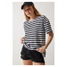 Happiness İstanbul Women's Black Crew Neck Striped Oversize Knitted T-Shirt