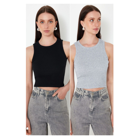 Trendyol Black-Grey Melange 2 Pack Fitted Crop Halter Neck Ribbed Flexible Knitted Undershirt