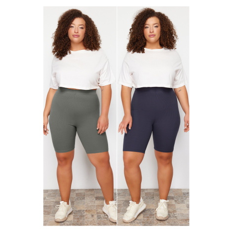 Trendyol Curve Navy Blue-Khaki High Waist 2-Pack Biker Short Length Ribbed Knit Plus Size Leggin