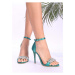 Shoeberry Women's Emerald Green Satin Crystal Single Strap Heels.
