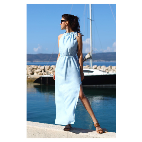 Maxi šaty s rázporkom zo 100% l'anu