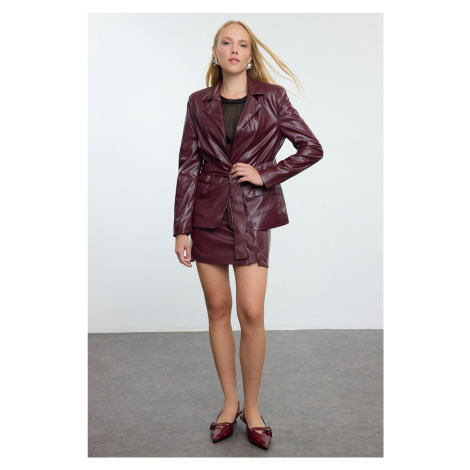 Trendyol Burgundy Faux Leather Belted Woven Blazer Jacket