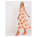 Beige and orange long pleated dress with prints