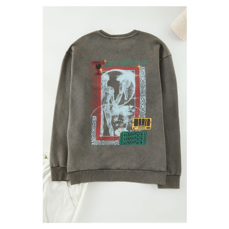 Trendyol Brown Oversize/Wide Cut Distressed/Faded Effect Back Printed Cotton Sweatshirt