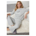 Trendyol Gray Melange Cotton Lamb Embroidered Knitted Pajama Set