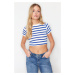 Trendyol Premium Saks Ecru Striped Viscous/Soft Fabric Crop Crew Neck Stretchy Knitted Blouse