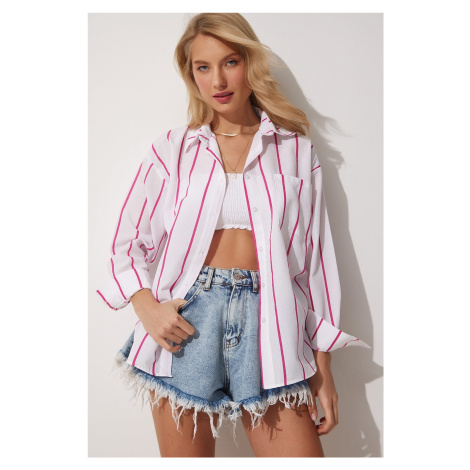 Happiness İstanbul Women's Pink White Striped Oversize Long Cotton Shirt