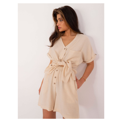 Light beige summer women's ensemble with a button-up blouse