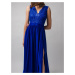Modré dlhé spoločenské saténové šaty s čipkou Juliette