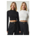 Happiness İstanbul Women's Black Ecru Stand Up Collar 2-Pack Sandy Crop Top