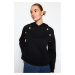 Trendyol Black Hooded Button Detailed Regular Fit Fleece Inside Knitted Sweatshirt