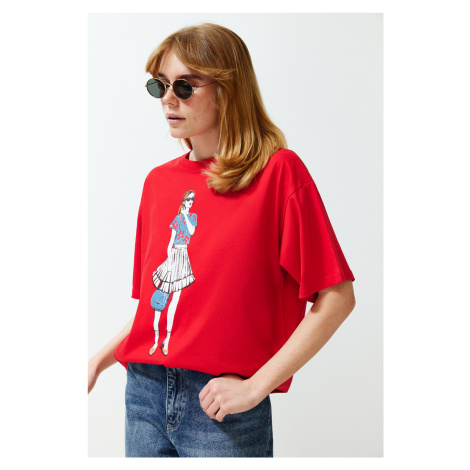 Trendyol Red Printed Relaxed Crew Neck Knitted T-Shirt